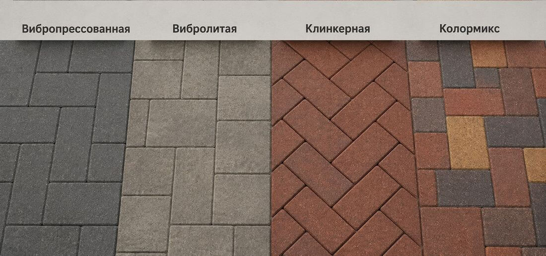 Сравнение фактур плитки — вибропрессованная, вибролитая, клинкерная, колормикс
